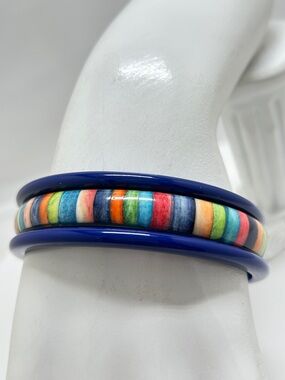 3 Vintage Bangle Bracelets, 2 Lucite, 1 Brass, Blue, Pink